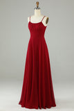 Burgundy A-Line Spaghetti Straps Chiffon Long Bridesmaid Dress