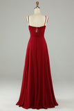 Burgundy A-Line Spaghetti Straps Chiffon Long Bridesmaid Dress