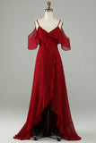 Burgundy Asymmetrical Cold Shoudler Long Bridesmaid Dress with Ruffles