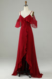 Burgundy Asymmetrical Cold Shoulder Long Bridesmaid Dress with Ruffles