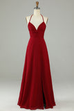 Burgundy A-Line Halter Chiffon Long Bridesmaid Dress with Slit