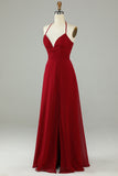 Burgundy A-Line Halter Chiffon Long Bridesmaid Dress with Slit