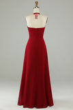 Burgundy A-Line Halter Chiffon Long Bridesmaid Dress with Slit