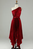Burgundy Asymmetrical One Shoulder Long Bridesmaid Dress