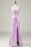 Lilac Mermaid Spaghetti Straps Long Wedding Guest Dress with Slit