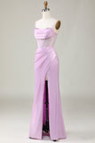 Lilac Mermaid Spaghetti Straps Long Wedding Guest Dress with Slit