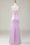 Lilac Mermaid Spaghetti Straps Long Wedding Guest Dress with Slit