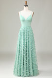 Green A-Line Spaghetti Straps Satin Floor Length Dress For Wedding Party