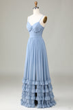 Dusty Blue Spaghetti Straps Corset Long Wedding Party Dress With Criss Cross Back