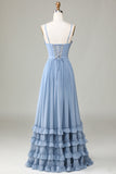 Dusty Blue Spaghetti Straps Corset Long Wedding Party Dress With Criss Cross Back
