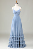 Dusty Blue Spaghetti Straps Corset Long Wedding Party Dress With Criss Cross Back