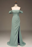 Dusty Sage Sheath Off the Shoulder Pleated Long Chiffon Bridesmaid Dress With Slit