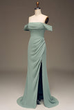 Dusty Sage Sheath Off the Shoulder Pleated Long Chiffon Bridesmaid Dress With Slit