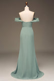 Dusty Sage Sheath Off the Shoulder Pleated Long Chiffon Bridesmaid Dress With Slit