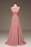 Dusty Rose A-Line Round Neck Maxi Chiffon Bridesmaid Dress With Embroidery