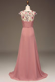 Dusty Rose A-Line Round Neck Maxi Chiffon Bridesmaid Dress With Embroidery