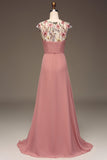 Dusty Rose A-Line Round Neck Chiffon Maxi Bridesmaid Dress With Embroidery