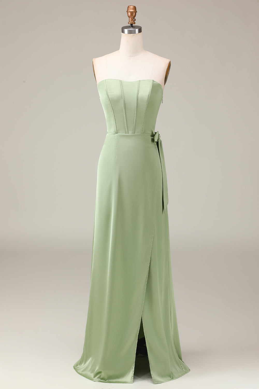 Matcha A-Line Strapless Corset Satin Bridesmaid Dress with Slit