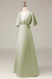 Dusty Sage A-Line V-Neck Satin Bridesmaid Dress With Short Sleeves