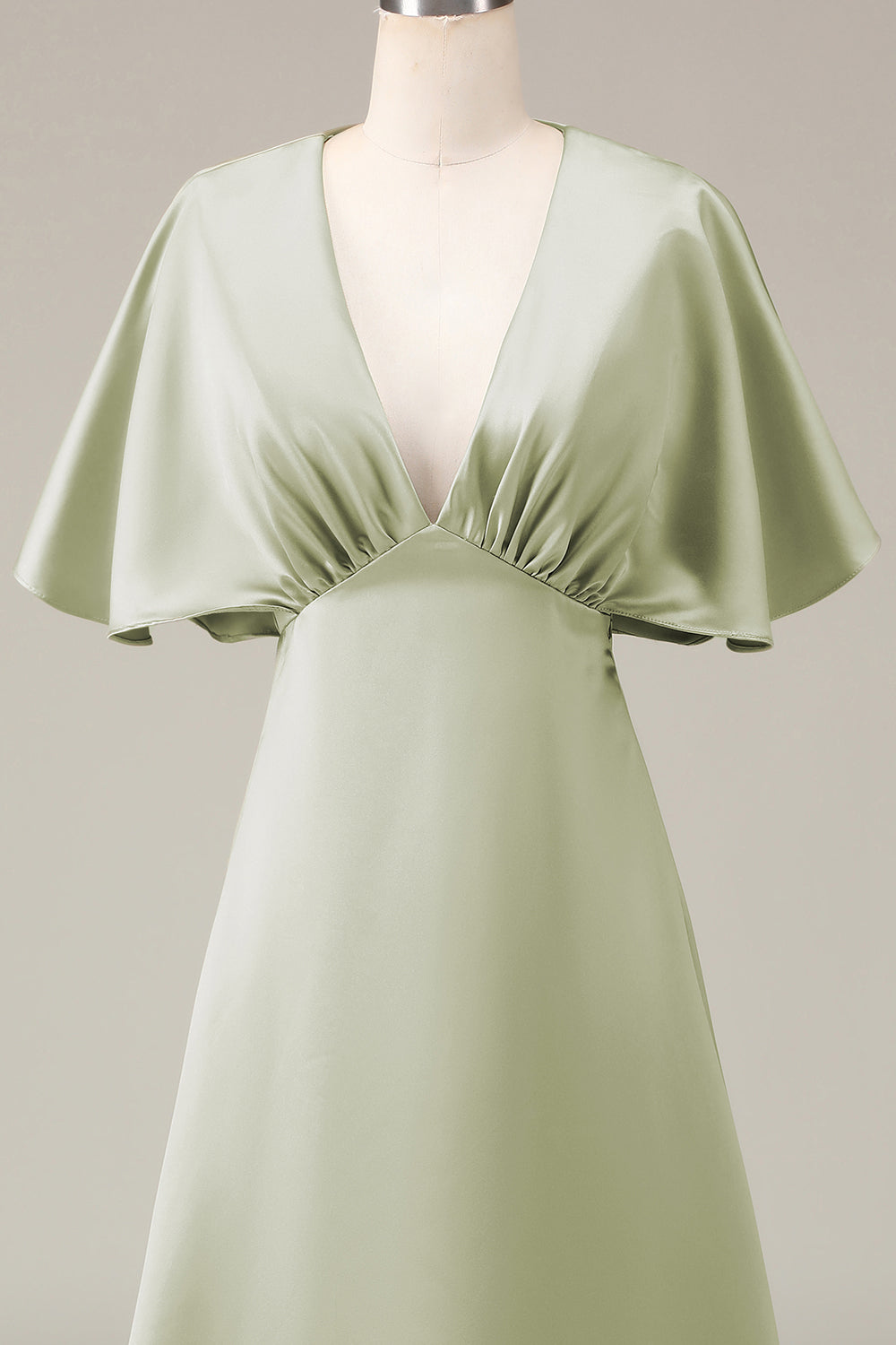 Dusty Sage A-Line V-Neck Satin Bridesmaid Dress With Short Sleeves