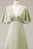 Dusty Sage A-Line V-Neck Satin Bridesmaid Dress With Short Sleeves