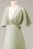 Dusty Sage A-Line V-Neck Satin Bridesmaid Dress With Short Sleeves