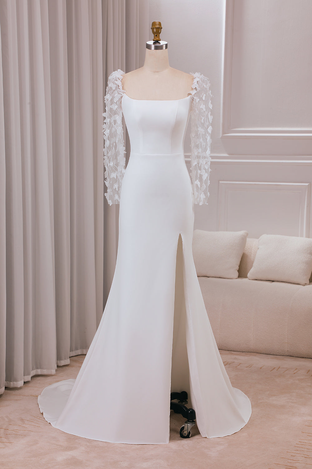 Wedtrend Women Ivory Trumpet Sweep Train Long Sleeves Bridal Dress with 3D Appliques, Ivory / US4 Wedtrend Women Ivory Trumpet Sweep Train Long Sleeves Bridal Dress with 3D Appliques, Ivory / US4