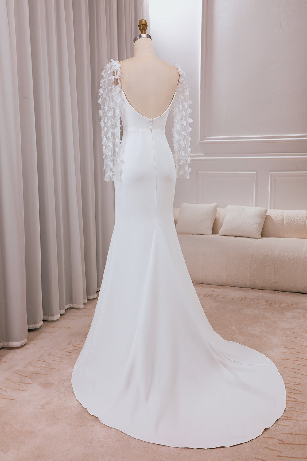 Wedtrend Women Ivory Trumpet Sweep Train Long Sleeves Bridal Dress with 3D Appliques WEDTREND Wedtrend Women Ivory Trumpet Sweep Train Long Sleeves Bridal Dress with 3D Appliques WEDTREND