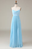 Sky Blue  A-Line Cowl Neck Pleated Open Back Chiffon Bridesmaid Dress