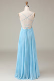 Sky Blue  A-Line Cowl Neck Pleated Open Back Chiffon Bridesmaid Dress