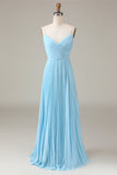 Sky Blue A-Line Spaghetti Straps Pleated Chiffon Bridesmaid Dress
