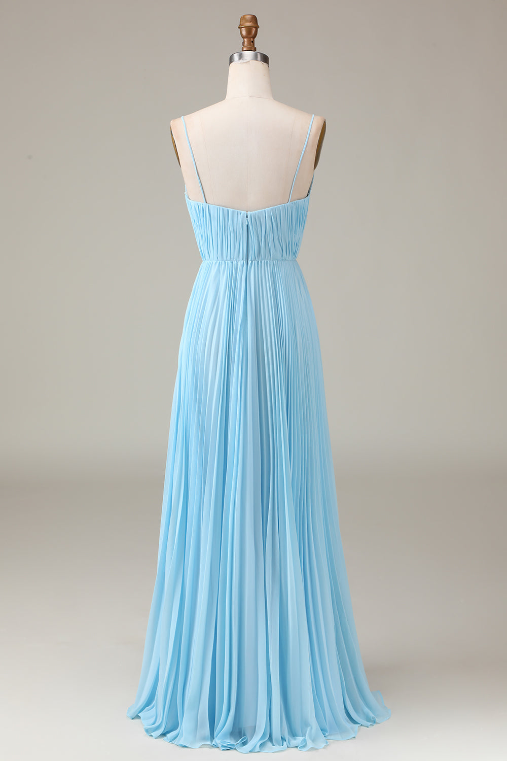 Sky Blue A-Line Spaghetti Straps V-Neck Pleated Chiffon Bridesmaid Dress