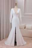 Ivory Mermaid Deep V-Neck Long Sleeves Crepe and Lace Bridal Dress