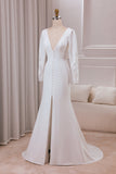 Ivory Mermaid Deep V-Neck Long Sleeves Crepe and Lace Bridal Dress