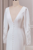 Ivory Mermaid Deep V-Neck Long Sleeves Crepe and Lace Bridal Dress