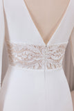 Ivory Mermaid Deep V-Neck Long Sleeves Crepe and Lace Bridal Dress