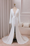 Ivory Mermaid Deep V-Neck Long Sleeves Crepe Wedding Dress with Front Slit