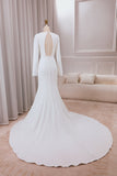Ivory Mermaid Deep V-Neck Long Sleeves Crepe Wedding Dress with Front Slit