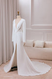 Ivory Mermaid Deep V-Neck Long Sleeves Crepe Wedding Dress with Front Slit