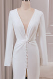 Ivory Mermaid Deep V-Neck Long Sleeves Crepe Wedding Dress with Front Slit