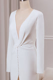 Ivory Mermaid Deep V-Neck Long Sleeves Crepe Wedding Dress with Front Slit