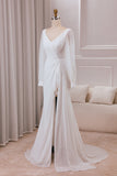 Ivory A-Line V-Neck Long Sleeves Chiffon Wedding Dress With Slit