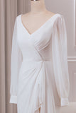Ivory A-Line V-Neck Long Sleeves Chiffon Wedding Dress With Slit