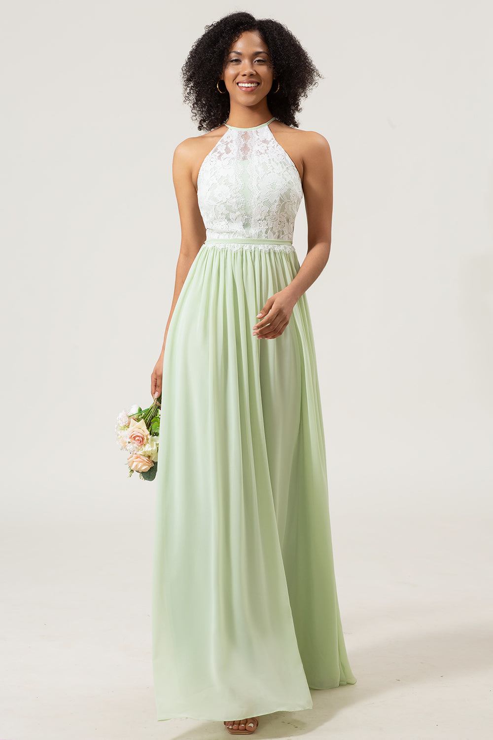 Wedtrend Women Dusty Sage Halter Neck Lace and Chiffon A line