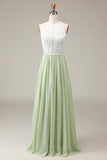 Dusty Sage A-Line Halter Neck Lace and Chiffon Floor Length Bridesmaid Dress