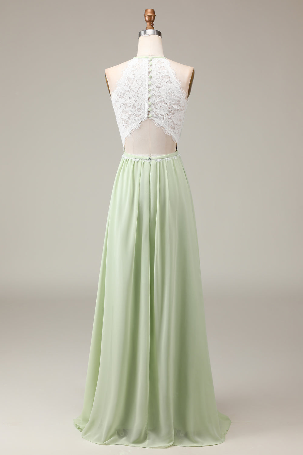Dusty Sage A-Line Halter Neck Lace and Chiffon Floor Length Bridesmaid Dress