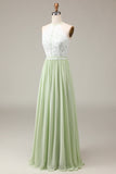 Dusty Sage A-Line Halter Neck Lace and Chiffon Floor Length Bridesmaid Dress