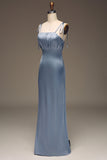 Dusty Blue Sheath Spaghetti Straps Satin Pleated Bridesmaid Dress