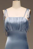 Dusty Blue Sheath Spaghetti Straps Satin Pleated Bridesmaid Dress