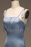 Dusty Blue Sheath Spaghetti Straps Satin Pleated Bridesmaid Dress